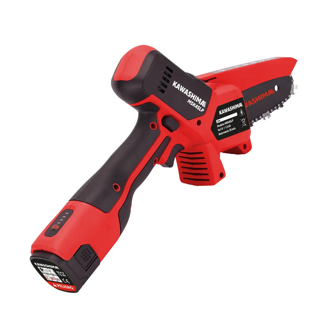 Mini motosierra inalámbrica Kawashima 4”, 14.4/16.8V, 2×1.5Ah, cargador Single Line, estuche plástico Kawashima MSK4SLP