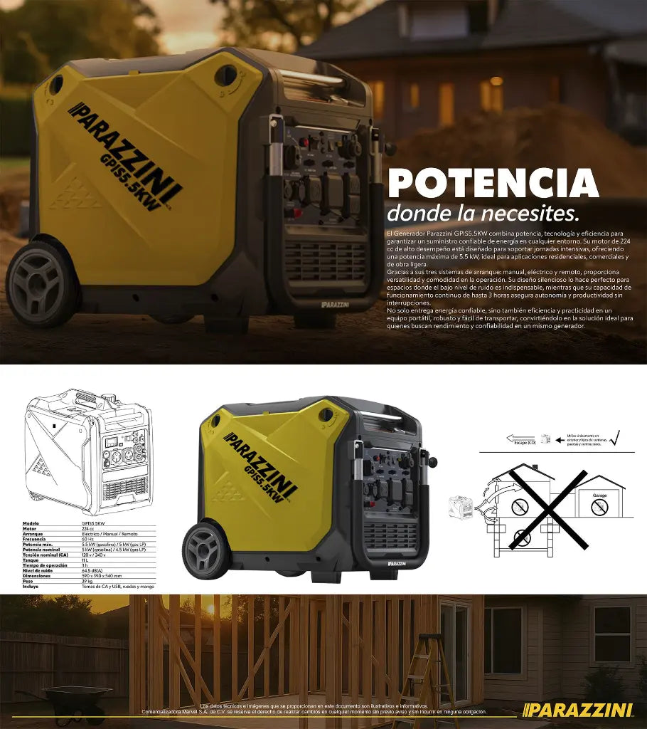 Generador inverter 5.5 kW dual fuel alta potencia Parazzini GPIS5.5KW