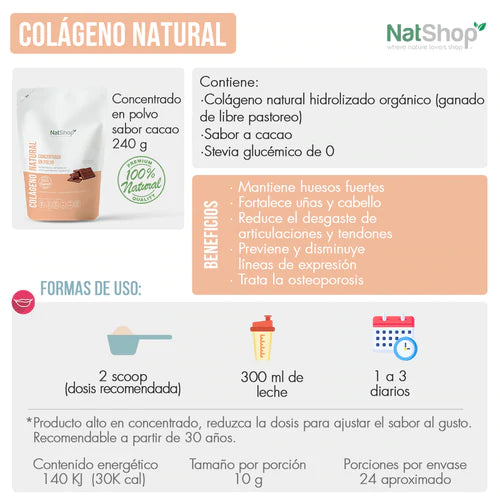 Colágeno Bovino de libre pastoreo - Sabor Cacao Orgánico 240g