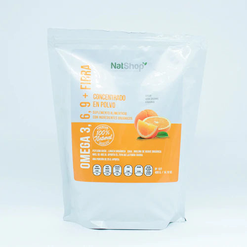 Fibra psyllium y Omega 3 vegetal - sabor naranja - 400g